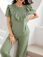 Casual Ruffle Trim Decorated Short Sleeve Top And Pants Set For Summer